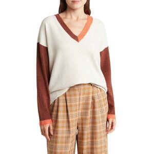 Melrose and Market Womens Colorblock V-Neck Sweater Cream Brown‎ Coral Small NEW